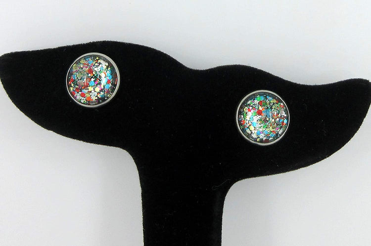 Stainless Steel Multi Color Party Confetti Glitter Glass Stud Earrings Hand-painted 12mm