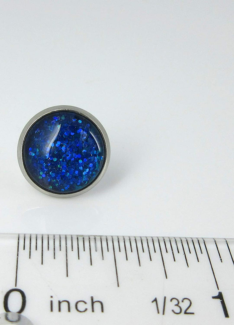 Stainless Steel Royal Blue Glitter Glass Stud Earrings Hand-painted 12mm