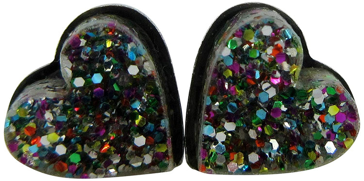 Stainless Steel Dark Rainbow Glitter Acrylic Heart Stud Earrings 8mm