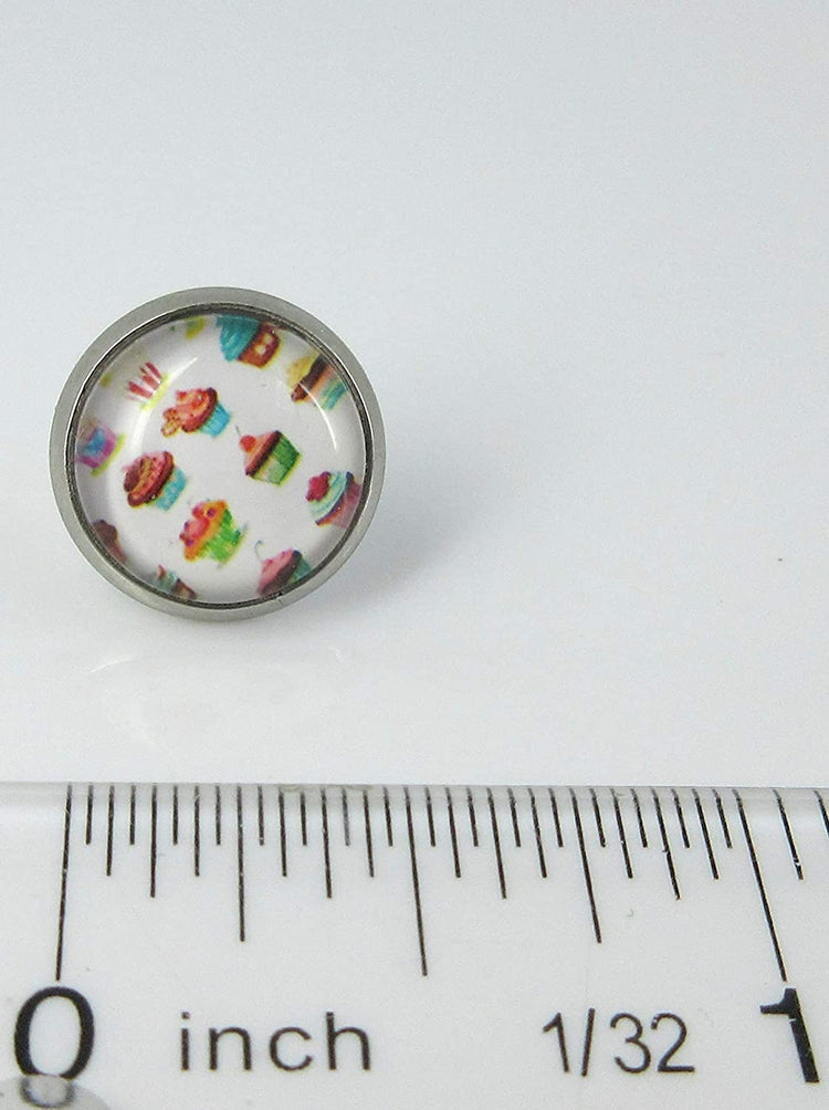Duo Stud Earrings Stainless Steel Happy Birthday and Cupcake Print Glass 12mm Set