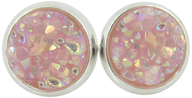 Silver-tone Ballet Pink AB Faux Druzy Stone Stud Earrings 8mm