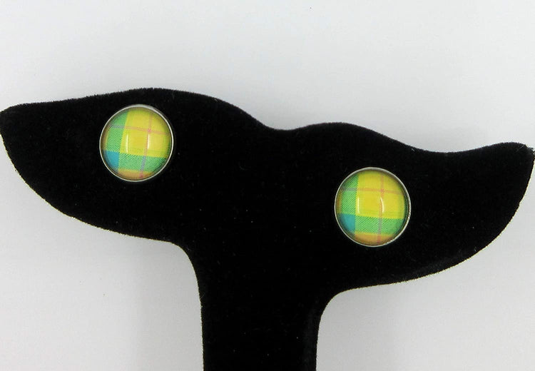 Stainless Steel Duo Stud Earrings Plaid Print Glass 12mm Set