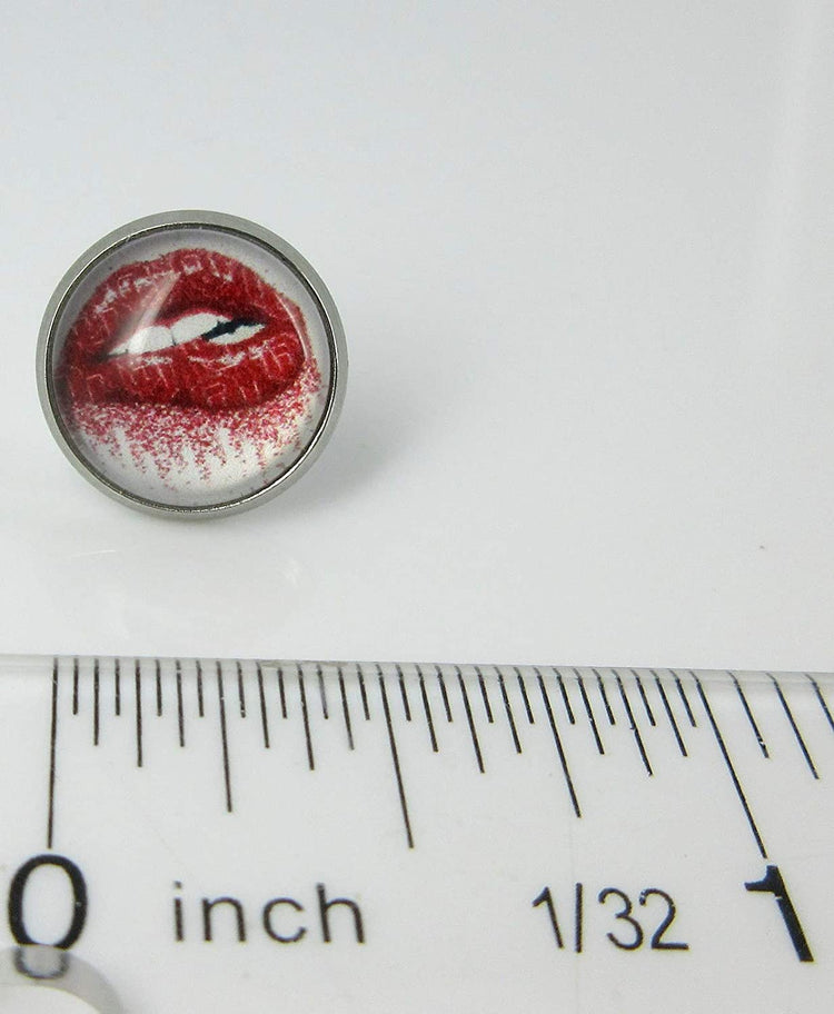 Stainless Steel Lip Bite Print Glass Stud Earrings 12mm White Red Lipstick