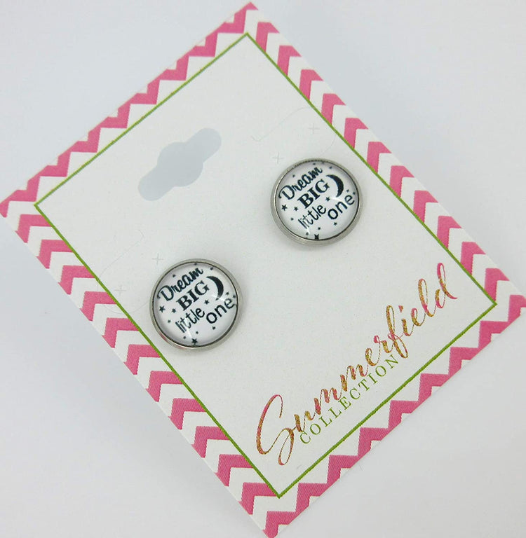 Stainless Steel Dream Big Little One Print Glass Stud Earrings 12mm