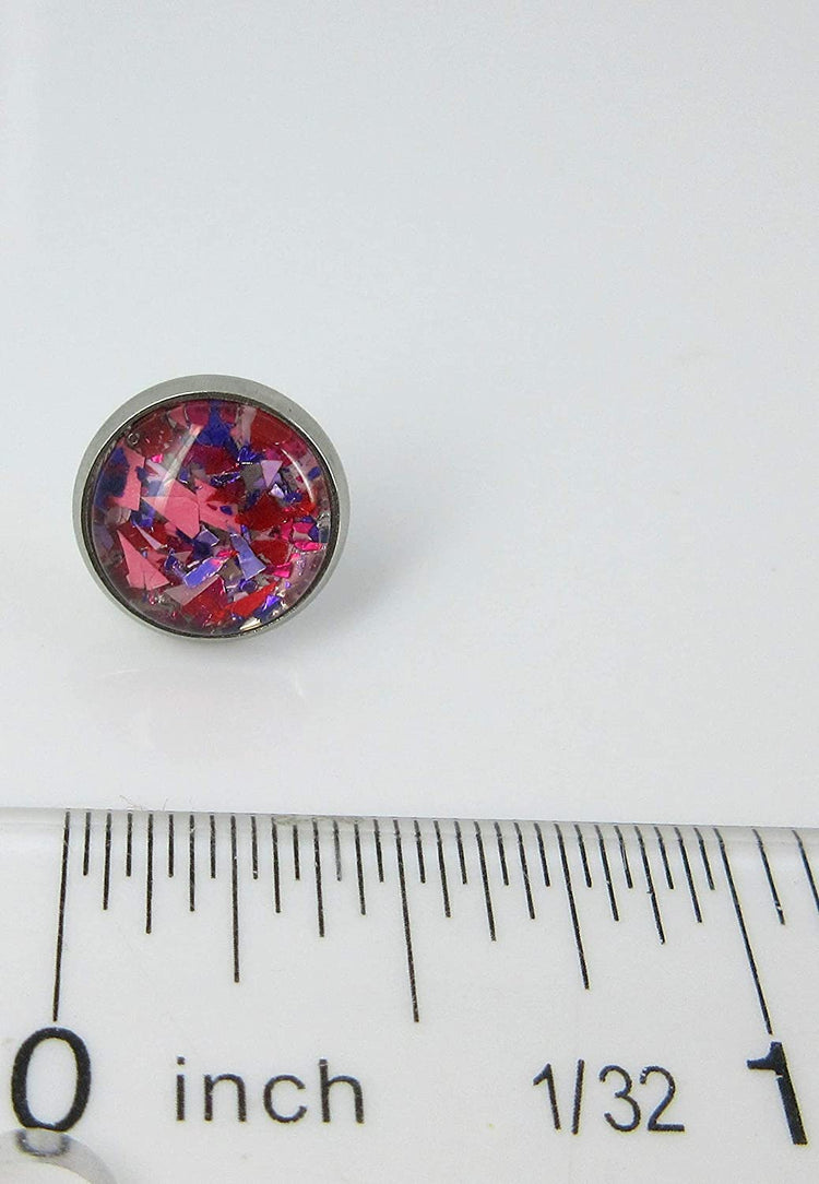 Stainless Steel Pink Purple Red Metallic Shard Glitter Glass Stud Earrings Hand-painted 10mm