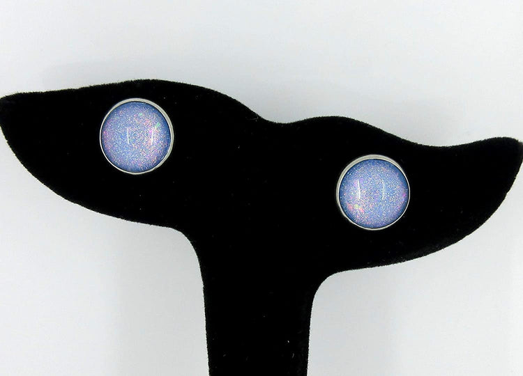 Stainless Steel Sky Blue and Rainbow Glitter Flake Glass Stud Earrings Hand-painted 12mm