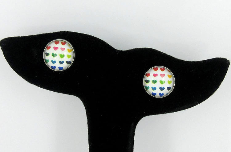 Stainless Steel Rainbow Multi Heart Print Glass Stud Earrings 12mm White Red