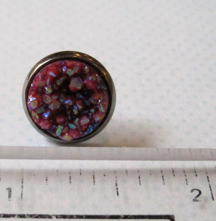 Hematite-tone Maroon Faux Druzy Stone Stud Earrings 12mm