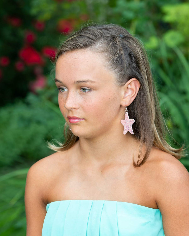Pink Glitter Faux Leather Large Star Dangle Earrings