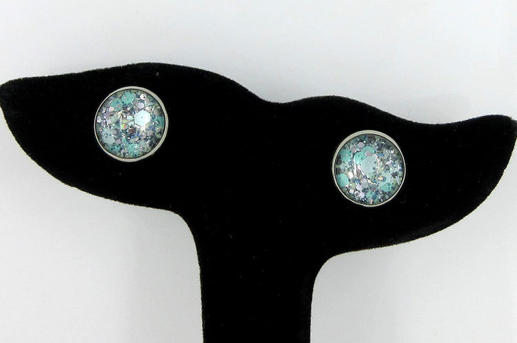 Stainless Steel Mint Green and Silver Glitter Glass Stud Earrings Hand-painted 12mm