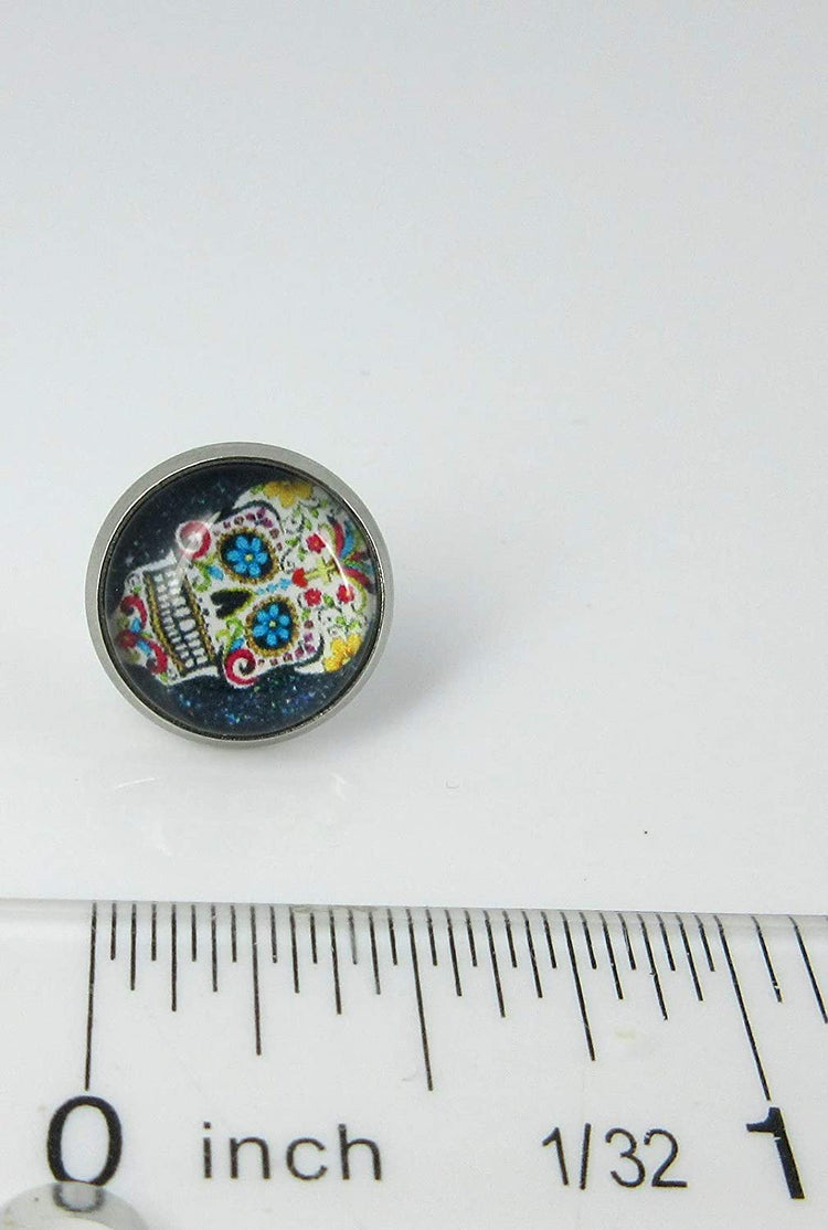 Stainless Steel Black Sugar Skull Printed Glass Stud Earrings 12mm