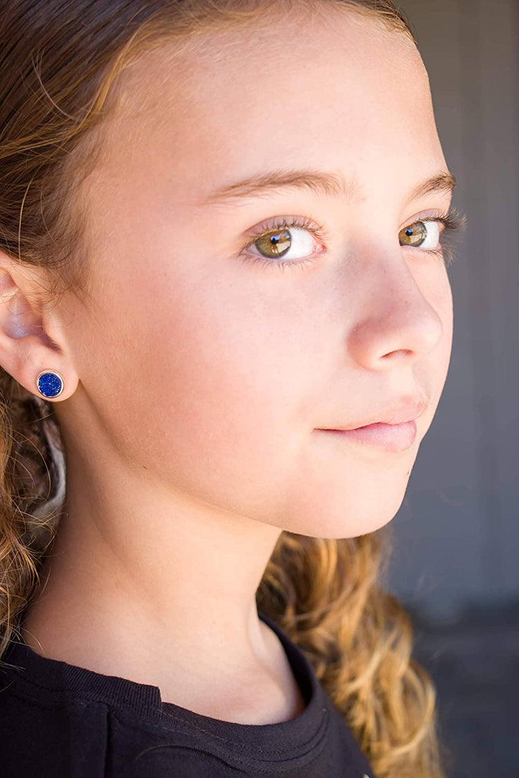 Silver-tone Royal Blue Faux Druzy Stone Stud Earrings 8mm