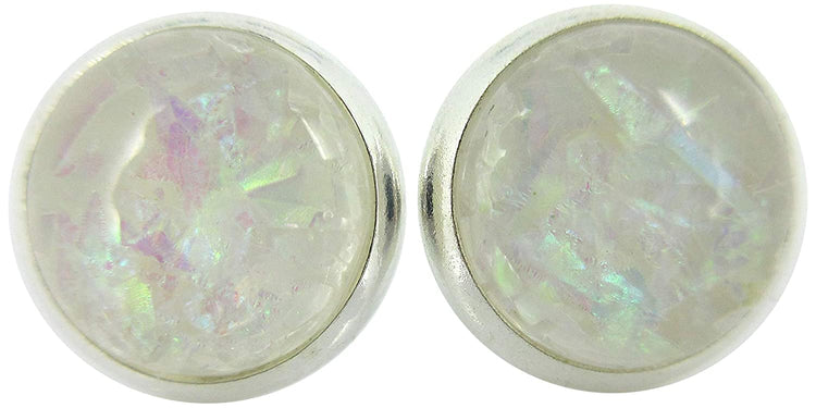 Shiny Silver-tone Opalescent Leaf Resin Stud Earrings 10mm (Cotton Candy Pink)