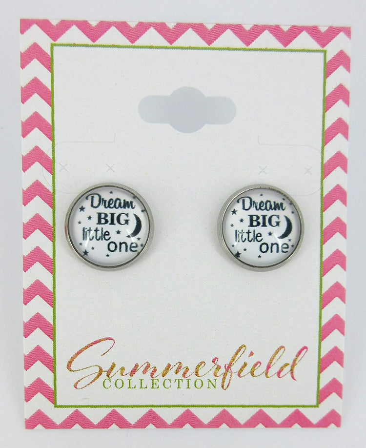 Stainless Steel Dream Big Little One Print Glass Stud Earrings 12mm