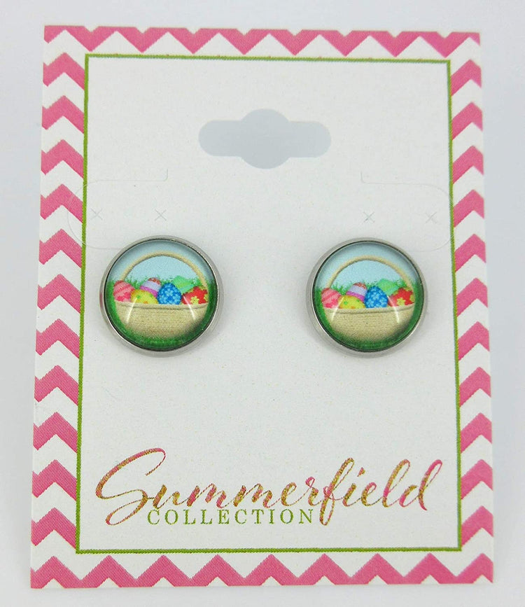 Stainless Steel Easter Egg Basket Print Glass Stud Earrings 12mm