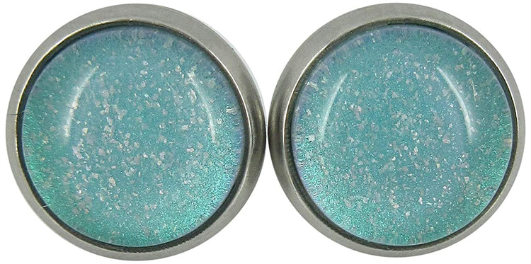Stainless Steel Light Aqua Mint Glitter Glass Stud Earrings Hand-painted 10mm