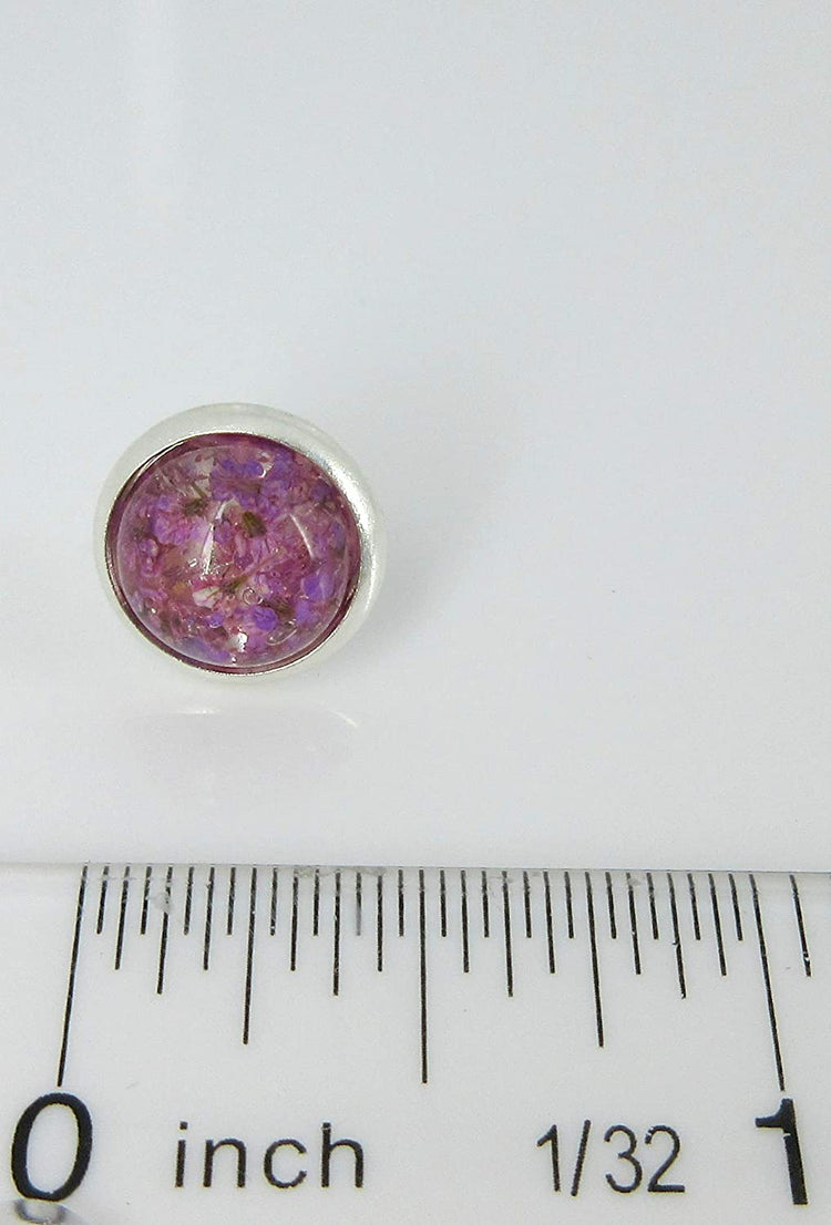 Silver-tone Clear and Purple Dried Flower Resin Stud Earrings 10mm