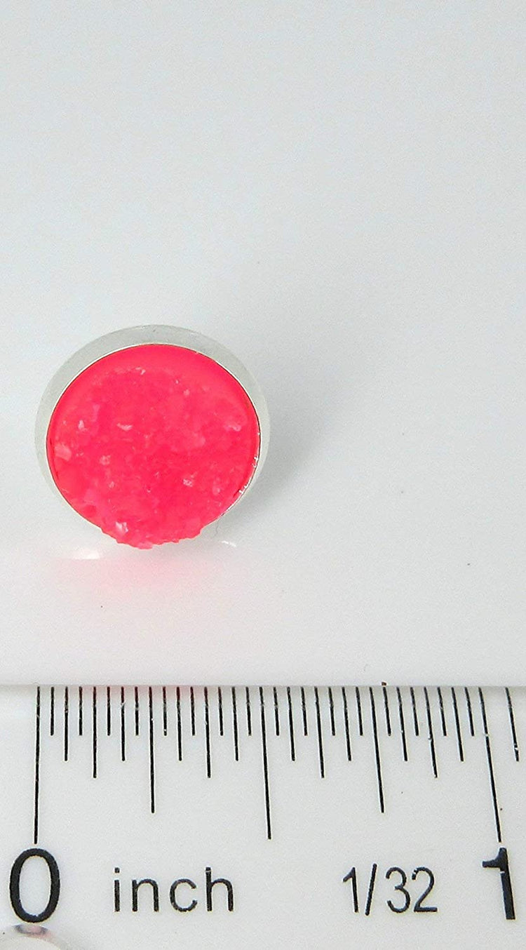 Silver-tone Neon Pink Faux Druzy Stone Stud Earrings 12mm