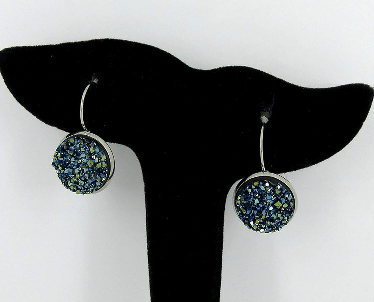 Stainless Steel Metallic Blue Faux Druzy Stone Lever-back Drop Earrings 14mm