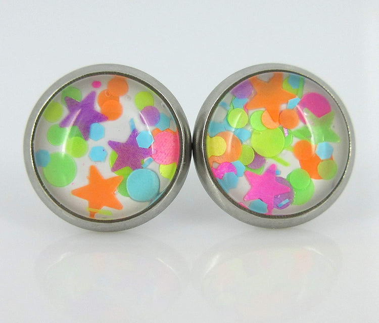 Stainless Steel Rainbow of Possibilities Trio Stud Earrings Set Faux Druzy Glass