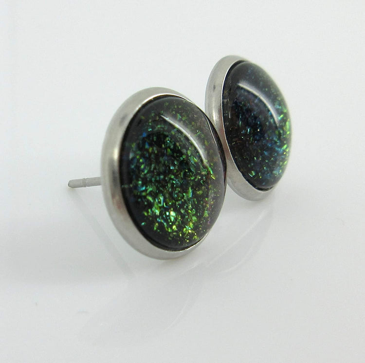 Stainless Steel Black Rainbow Duochrome Glitter Glass Galaxy Stud Earrings 1/2" Round