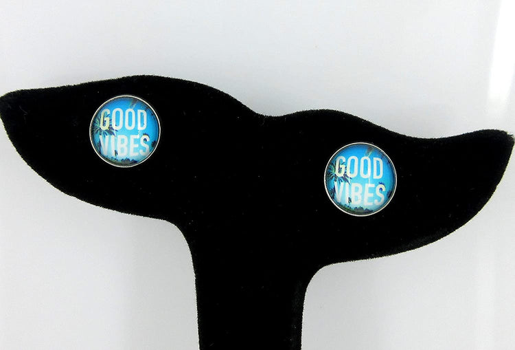 Stainless Steel Good Vibes Print Glass Stud Earrings 12mm