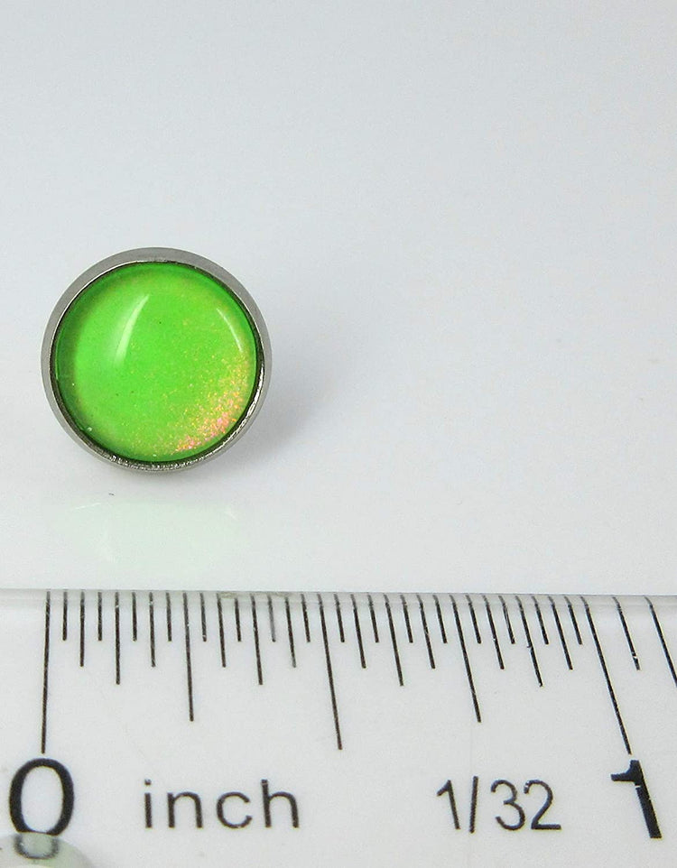 Stainless Steel Neon Green Colorshifting Glitter Glass Stud Earrings Hand-painted 10mm
