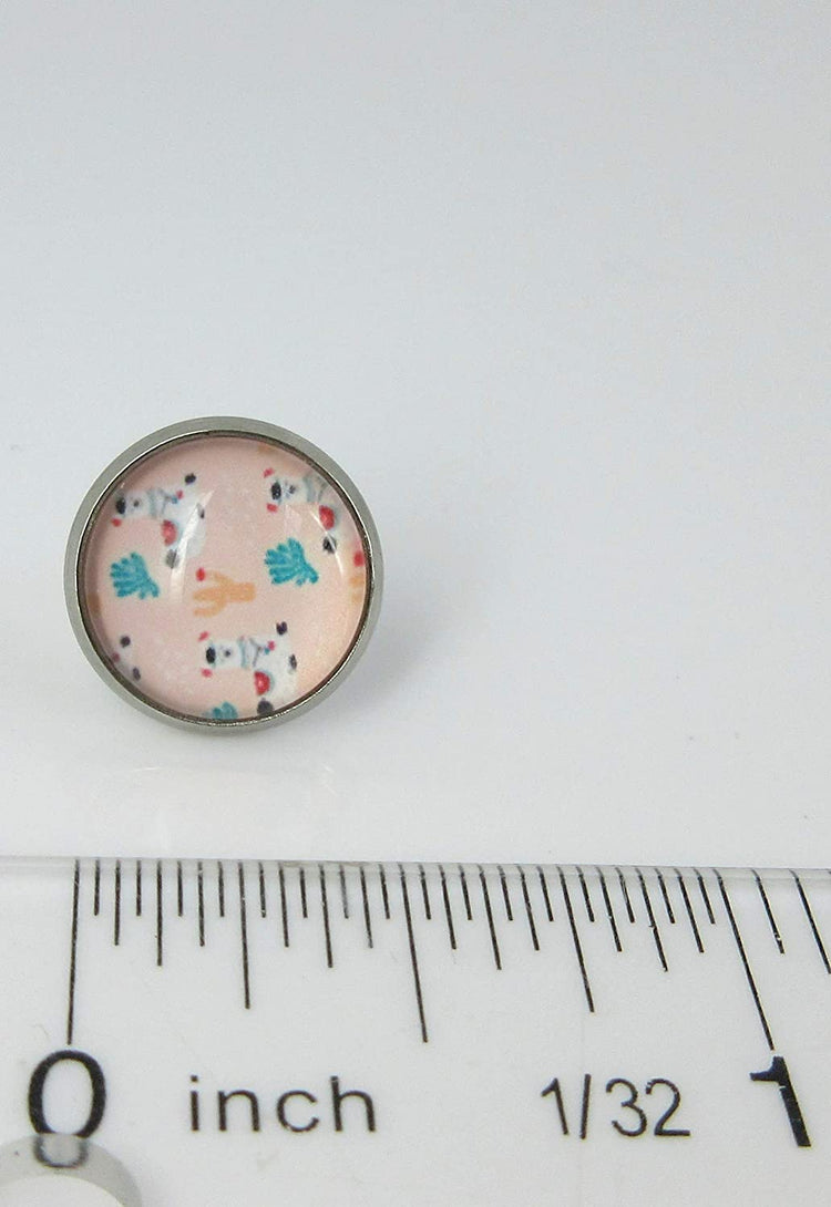 Stainless Steel Pink Llama Print Glass Stud Earrings 12mm