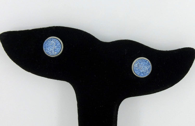 Stainless Steel Glacier Blue Faux Druzy Stone Stud Earrings 8mm