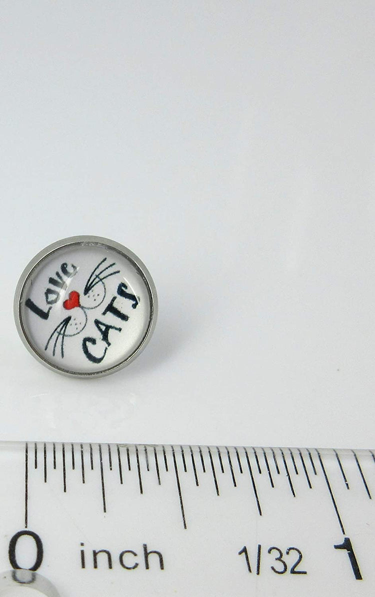 Stainless Steel Love Cats Whisker Face Print Glass Stud Earrings 12mm White Black Red