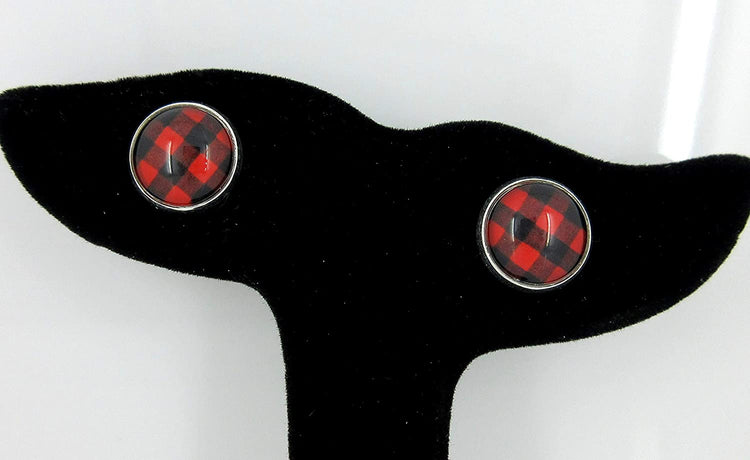 Silver-tone Black and Red Buffalo Plaid Print Glass Stud Earrings 12mm