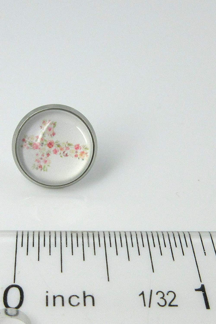 Stainless Steel White and Pink Flower Cross Print Glass Stud Earrings 12mm