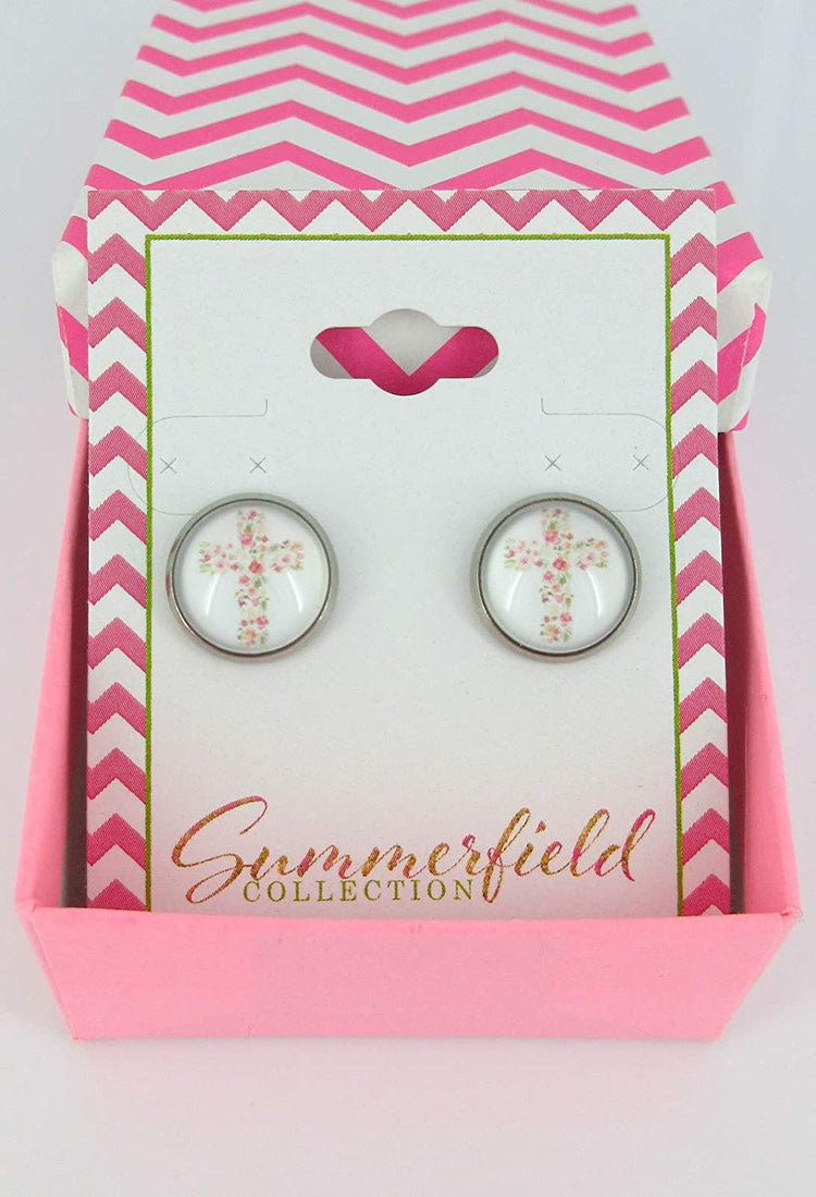 Stainless Steel White and Pink Flower Cross Print Glass Stud Earrings 12mm