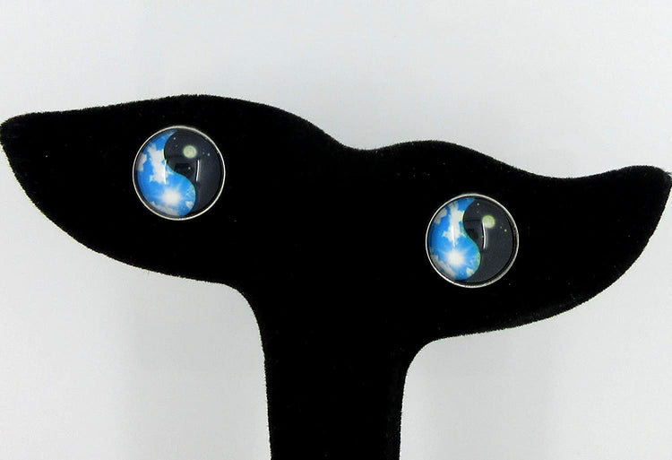 Stainless Steel Sky Blue and Black Day Night Yin Yang Print Glass Stud Earrings 12mm
