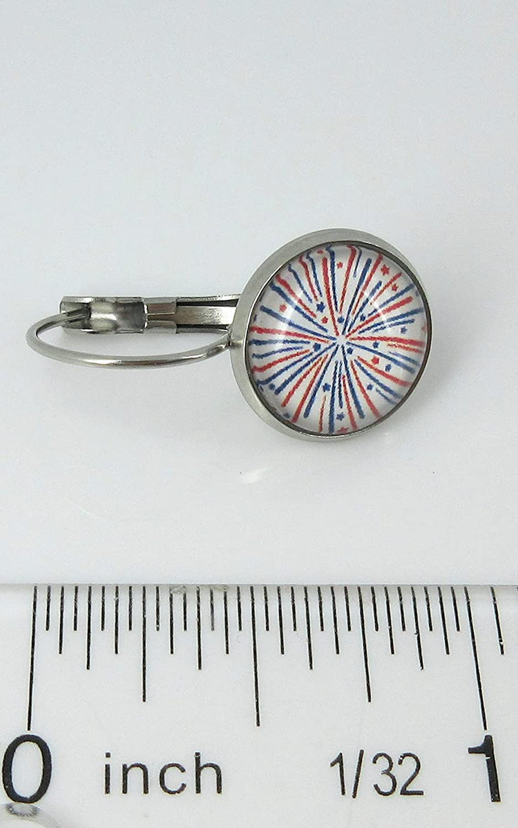 Stainless Steel Firework Print Glass Lever-back Drop Earrings 12mm Red White Blue USA