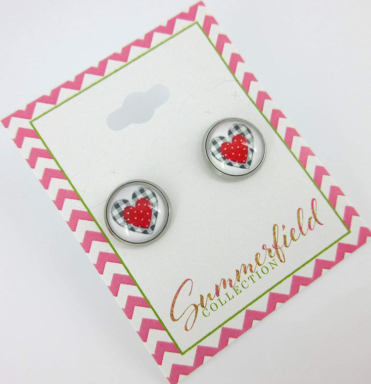 Stainless Steel Buffalo Plaid Print Glass Stud Earrings 12mm