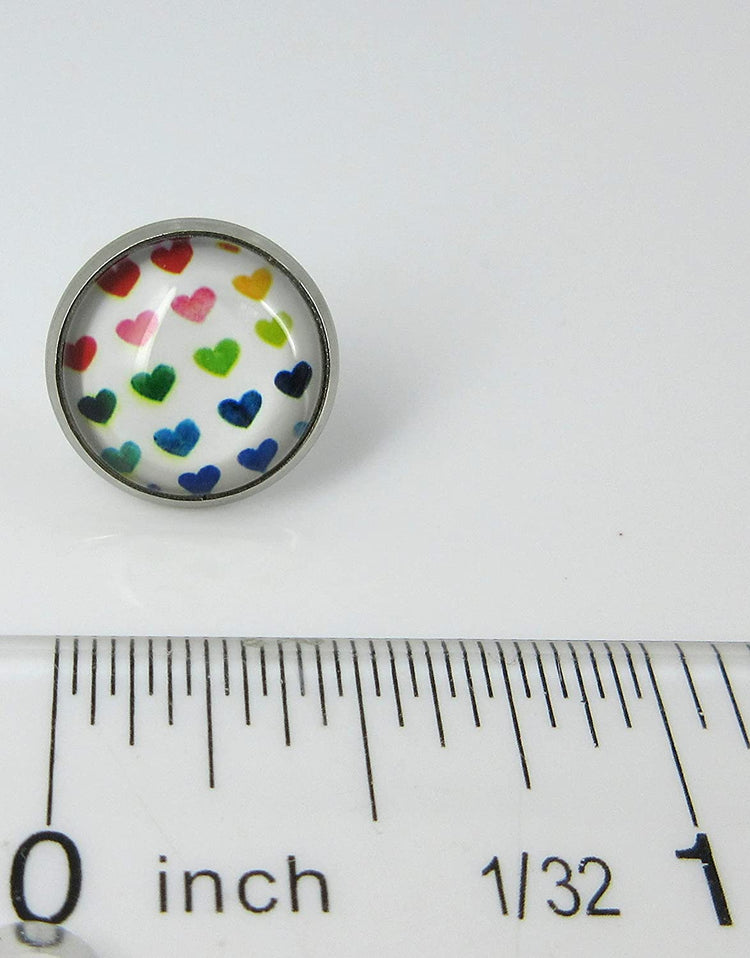 Stainless Steel Rainbow Multi Heart Print Glass Stud Earrings 12mm White Red