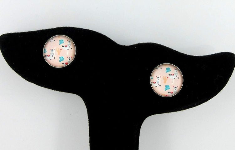 Stainless Steel Pink Llama Print Glass Stud Earrings 12mm