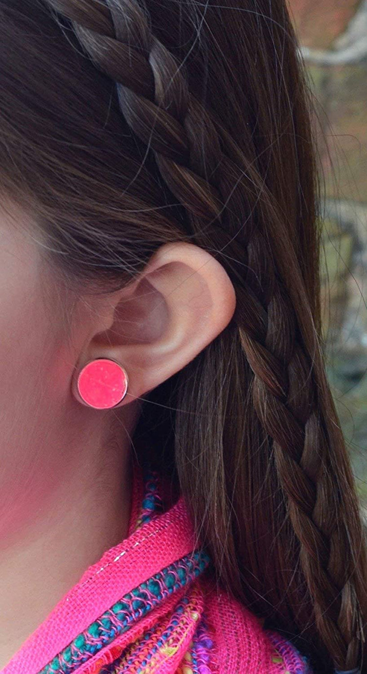 Silver-tone Neon Pink Faux Druzy Stone Stud Earrings 12mm