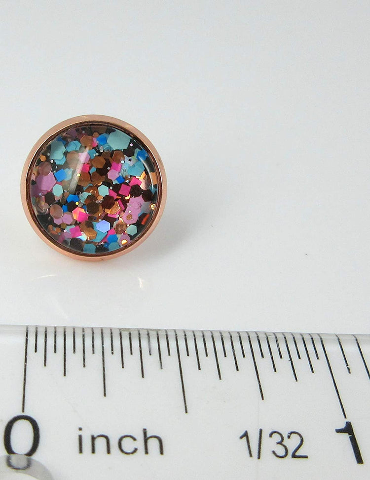 Rose Gold-tone Blue Pink Purple Glitter Glass Stud Earrings 12mm Hand-painted