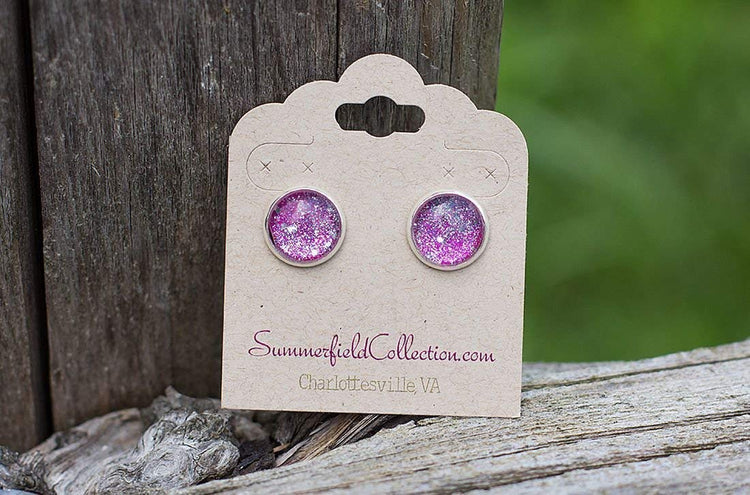 Silver-tone Magenta Pink Twinkle Glitter Glass Galaxy Stud Earrings Hand-painted 12mm