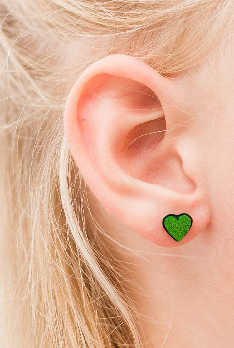 Stainless Steel Shamrock Green Glitter Acrylic Heart Stud Earrings 8mm