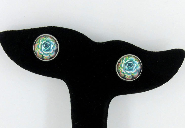 Stainless Steel Succulent Plant Print Glass Stud Earrings 12mm