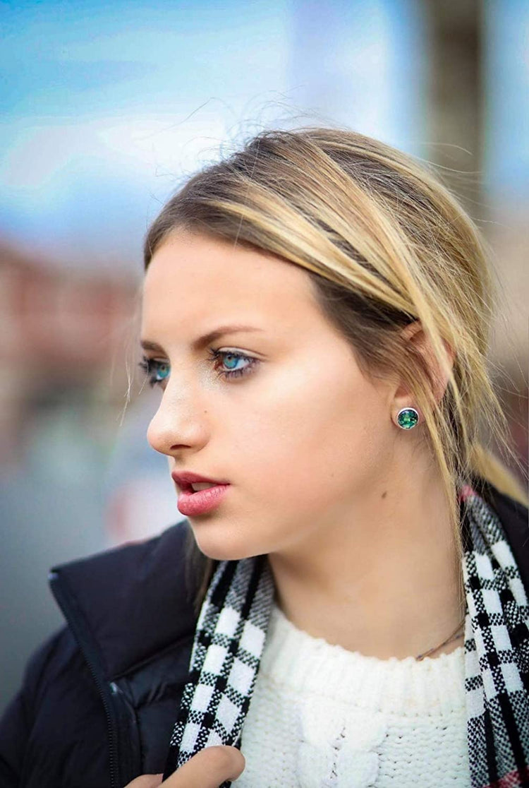 Shiny Silver-tone Black and Opalescent Leaf Resin Stud Earrings 10mm