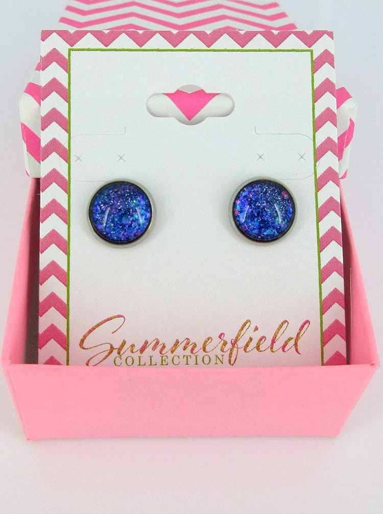 Stainless Steel Blue Purple Pink Glitter Glass Stud Earrings Hand-painted 10mm