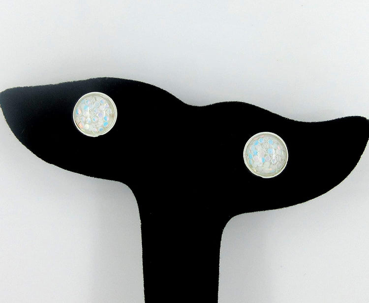 Shiny Silver-tone White Iridescent Glitter Resin Stud Earrings 10mm
