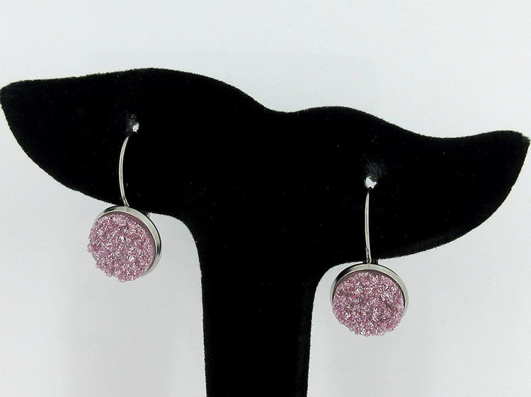 Stainless Steel Lilac Glitter Faux Druzy Stone Lever-back Drop Earrings 12mm