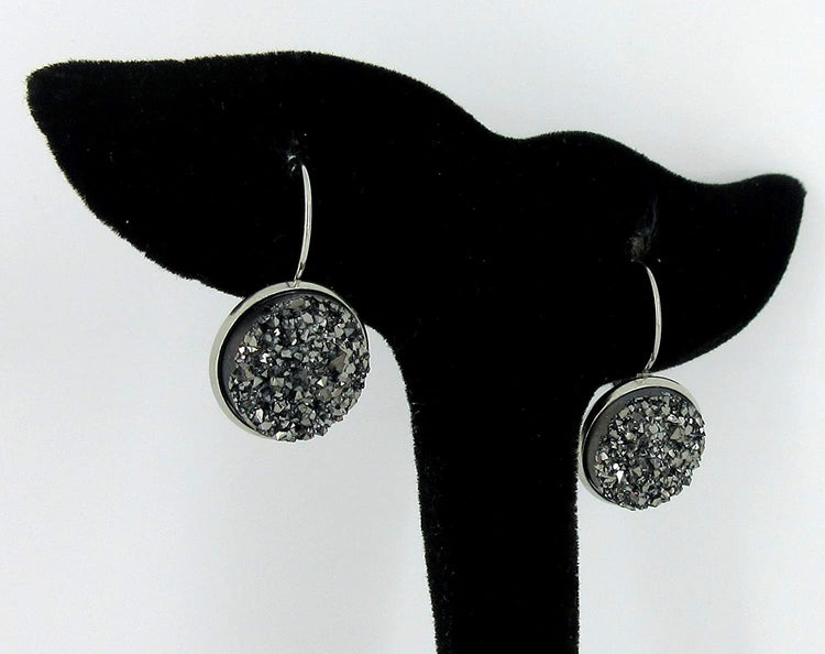 Stainless Steel Gunmetal Gray Faux Druzy Stone Lever-back Drop Earrings 14mm