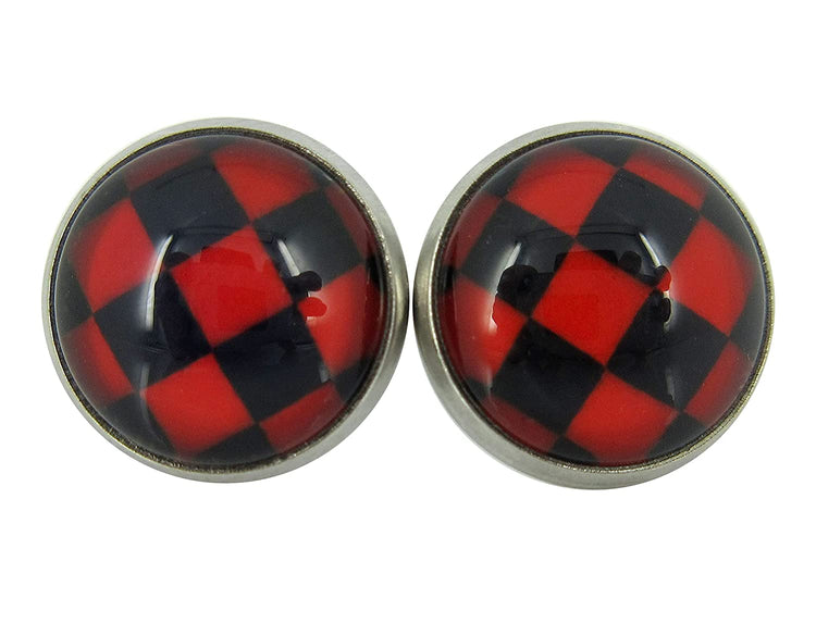 Stainless Steel Red and Black Checkerboard Print Glass Stud Earrings 12mm