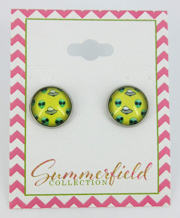 Stainless Steel Yellow and Neon Green Alien UFO Print Glass Stud Earrings 12mm